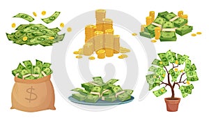 Cartoon cash. Green dollar banknotes pile, rich gold coins and pay. Cash bag, tray with stacks of bills and money tree