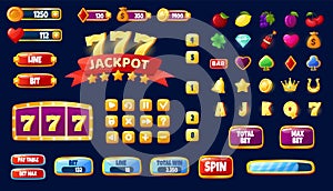 Cartoon casino slot machine mobile app game ui assets. Gambling games design interface elements, icons, buttons