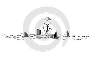 Cartoon of Castaway businessman Sitting Alone on Piece of Wood in the Middle of Ocean