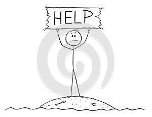 Cartoon of Castaway Man on Small Island Holding Help Sign