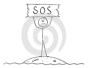 Cartoon of Castaway Man on Small Island Holding SOS Sign