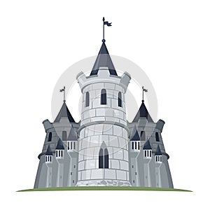 cartoon castle with flags. Fantasy building of kingdom tower. Vector