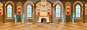 Cartoon castle hall with knights, fireplace and windows in big r