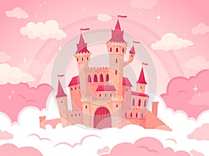 Cartoon castle in pink clouds. Magic land, fairytale cloud and fabulous sky. Fairy castle for little princess vector