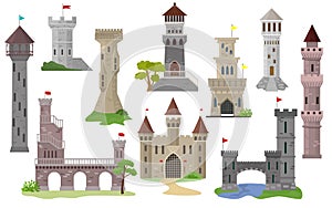 Cartoon castle vector fairytale medieval tower of fantasy palace building in kingdom fairyland illustration set of