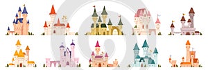 Cartoon castles. Fairytale medieval towers. Royal old building place kingdom. Magic stone castle exterior with tower