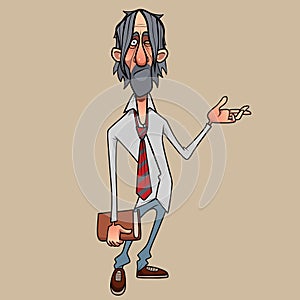 Cartoon casually dressed man in a shirt with a tie in disbelief points his hand to the side