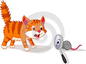 Cartoon Cat afraid of mouse with magnifying glass