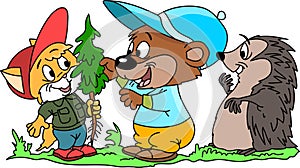 A Cartoon cat, bear and a hedgehog going to forest to plant trees vector