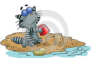 Cartoon cat building sand castles on the beach vector