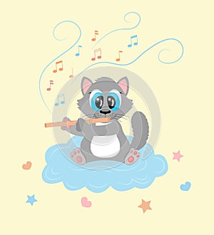 Cartoon Cat character playing music on flute and sitting on cloud