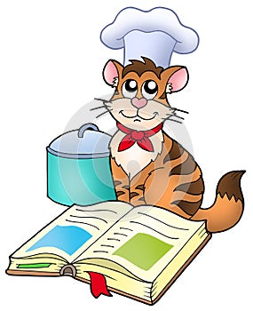 Cartoon cat chef with recipe book