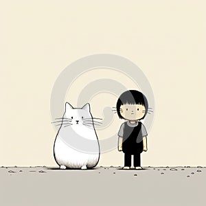 Cartoon Cat And Child Japanese Minimalism With Dignified Poses