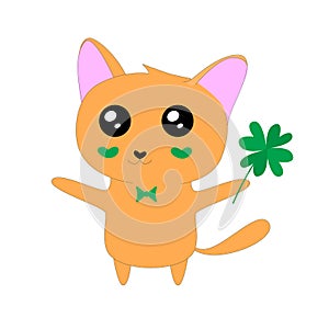 Cartoon Cat with clover. St. Patrick`s Day vector illustration.Postcard, poster, banner, print design