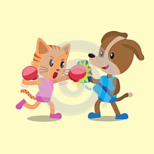 Cartoon cat and dog doing boxing training