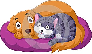 Cartoon cat and dog relaxing on pillow