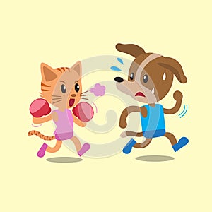 Cartoon cat doing boxing with dog