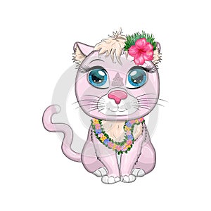 Cartoon cat dressed as a hula dancer under the ukulele, Hawaii. Summer, vacation. Cute child character, symbol of 2023