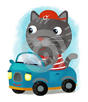 cartoon cat driver driving car having playful time illustration for children