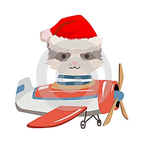Cartoon cat fly on a airplane. Image for children clothes, postcards.