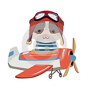 Cartoon cat fly on a airplane. Image for children clothes, postcards.