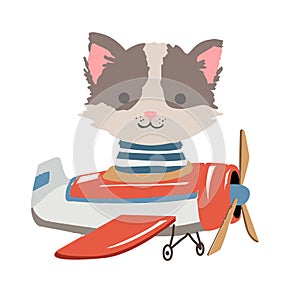 Cartoon cat fly on a airplane. Image for children clothes, postcards.