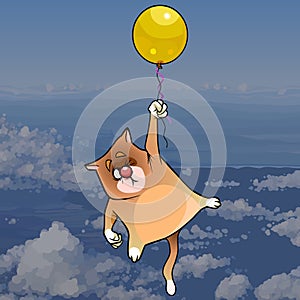 Cartoon cat flying on a balloon in the sky above the clouds