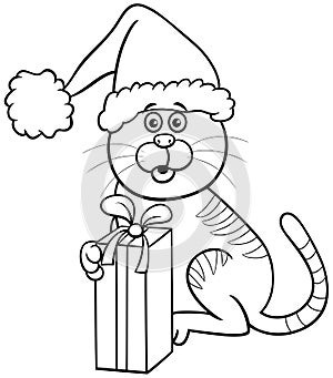 Cartoon cat with gift on Christmas time coloring page