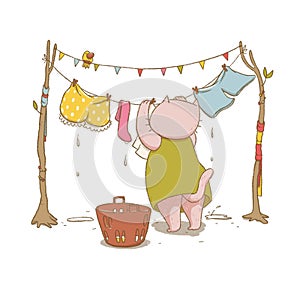 Cartoon cat hanging up laundry. Colorful hand drawn illustration of an animal doing housework with clothes and laundry basket