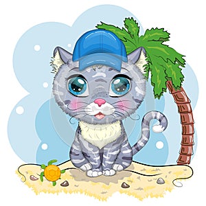 Cartoon cat in a hat with flowers. Summer, vacation. Cute child character, symbol of 2023 new chinese year.