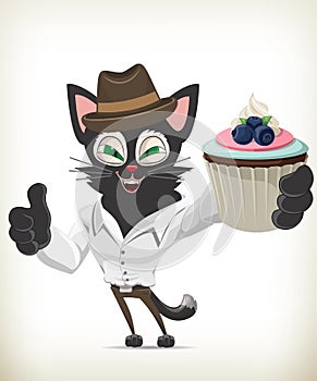 Cartoon Cat Holding Cupcake