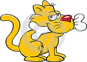 Cartoon cat holding a dog bone in it`s mouth.