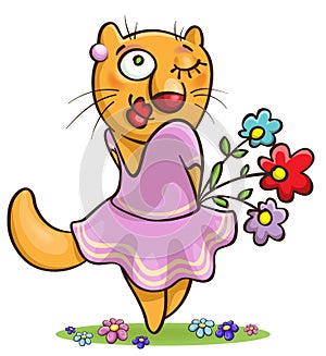Cartoon cat holding flowers