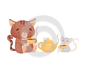Cartoon cat and mouse drink tea together. Vector illustration on white background.