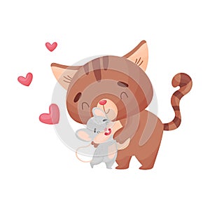 Cartoon cat and mouse hugging. Vector illustration on white background.