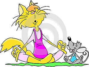 Cartoon cat and mouse sitting in a lotus position doing yoga together vector illustration