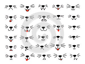 Cartoon cat mouths. Animal whiskers, cute pet nose and kitten face. Facial expressions of cats vector elements set
