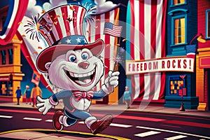 A cartoon cat in a patriotic hat and red, white and blue outfit, AI photo