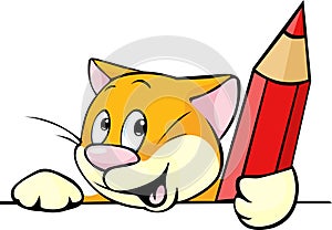 Cartoon cat peeking out holding red pencil