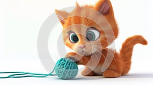 A cartoon cat is playing with a blue ball of yarn