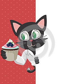 Cartoon Cat Poses with CupCake