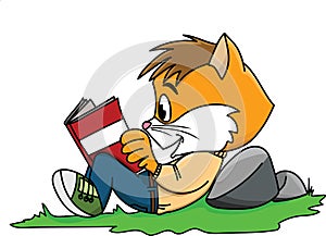 Cartoon cat reading a book lying on grass vector