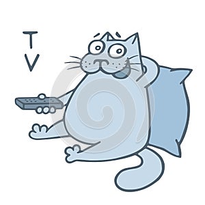 Cartoon cat with remote control wath televisor. vector illustration