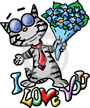 Cartoon cat saying i love you in the cutest way holding a bouquet of flowers vector illustration valentine`s day