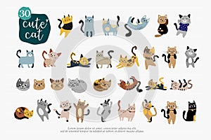 Cartoon cat set with emotions and different poses. Cat behavior, 30 Body language and face expressions. Cats simple cute style.