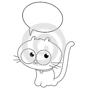 Cartoon cat with a speech bubble. Vector black and white coloring page.