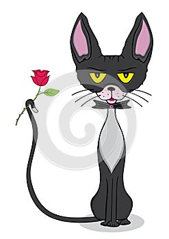 Cartoon cat sphinx gentleman with tuxedo holding flower