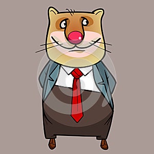 Cartoon cat in a suit with a tie stands and looks approvingly to the side