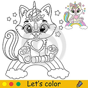 Cartoon cat unicorn sitting on a rainbow coloring book page vector