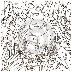 Cartoon cat watering plants and flowers with watering can. Vector hand drawn illustration of kitten in garden. Coloring book page